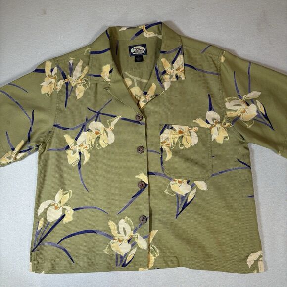 Tommy Bahama Shirt Womens Small Green Yellow Floral Silk Stretch Hawaiian Camp - Picture 1 of 10